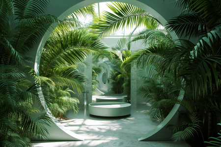 a round podium in a botanical garden with tropical plantsの素材