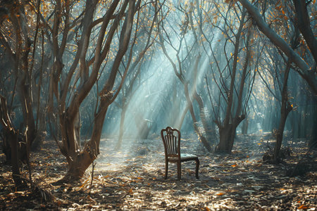 Old chair in the autumn forest with sunbeams and fog.の素材