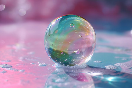 Soap bubbles with water drops on colorful background, close-upの素材