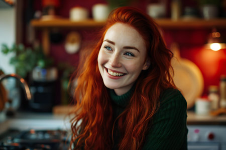 Portrait of a beautiful red-haired girl with freckles at homeの素材