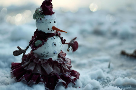 Snowman on the snow in winter. Christmas and New Year backgroundの素材