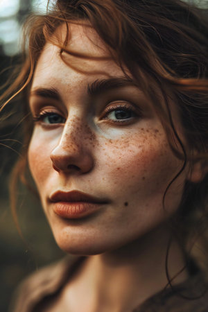 Portrait of a beautiful red-haired girl with frecklesの素材