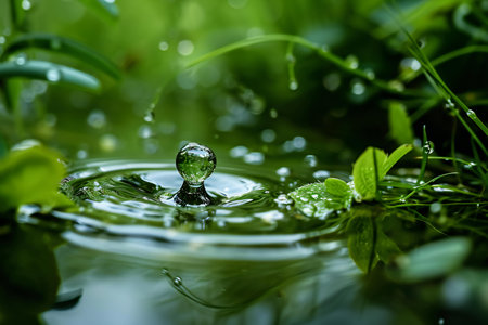 Water drop falling on green grass with water droplets. Nature backgroundの素材