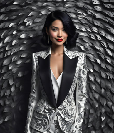 Beautiful asian woman in a black suit on a gray backgroundの素材