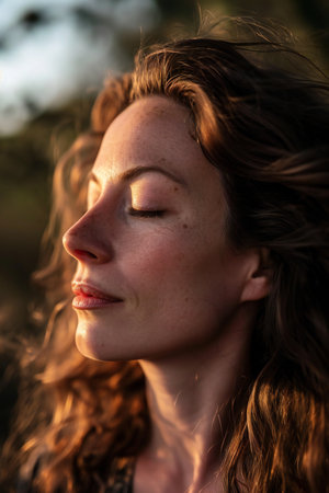 Portrait of a young woman with long curly hair in the sunset lightの素材
