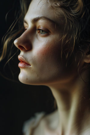 Portrait of a beautiful girl with long hair on a dark backgroundの素材