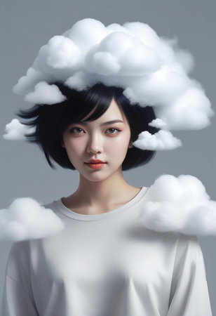 Beautiful asian woman with cloud on her head, beauty conceptの素材