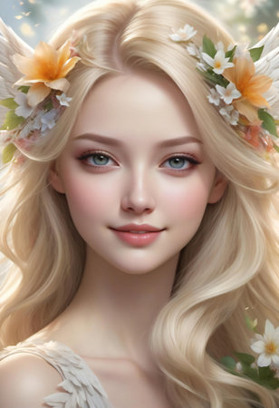 portrait of a beautiful girl with blond hair and flowers in her hairの素材