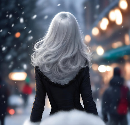 Girl with long white hair on a background of the night city.の素材