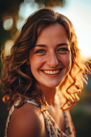 Portrait of a beautiful young woman with curly hair in the sunset lightの素材