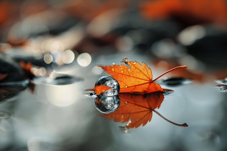 Autumn leaves and water drops on the surface of puddle.の素材