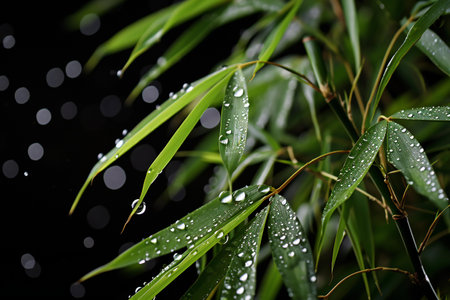Bamboo leaves with water drops on a black background. Natural background.の素材