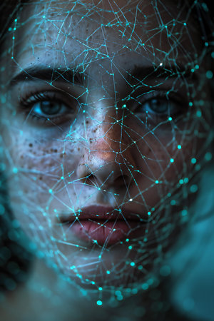 Portrait of a beautiful young woman with abstract net on her faceの素材