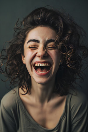 portrait of a young woman in a gray t-shirt screamingの素材