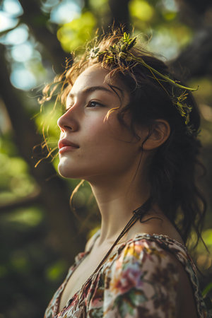 Portrait of a beautiful girl with a wreath on her headの素材