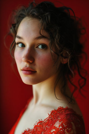 Portrait of a beautiful young girl in a red lace dress.の素材