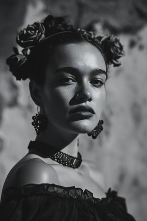 Portrait of a beautiful woman in a black dress and hairstyleの素材