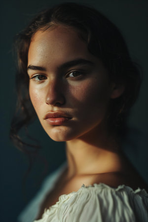 Portrait of a beautiful girl in a white dress on a dark backgroundの素材