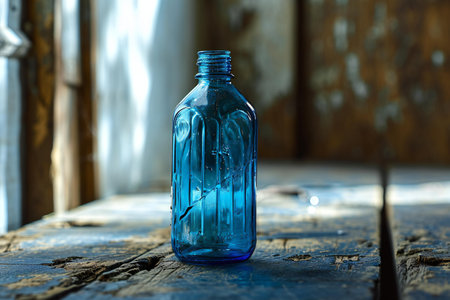 Empty blue glass bottle on old wooden table. Shallow depth of field.の素材
