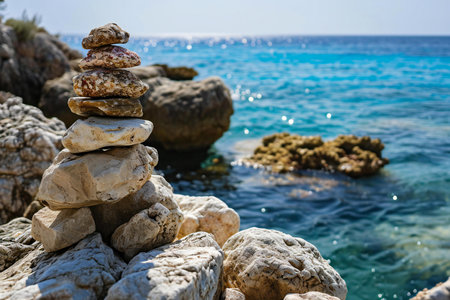 Pile of zen stones on the seashore in Cyprusの素材