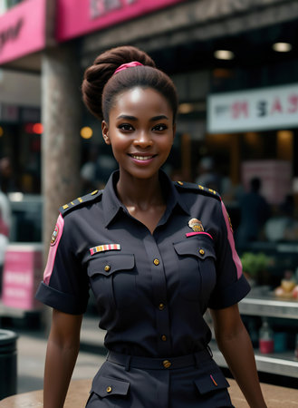 Portrait of a beautiful police woman in uniform at the street.の素材