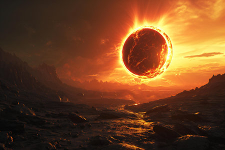 Fantasy landscape with planet and sunset.の素材