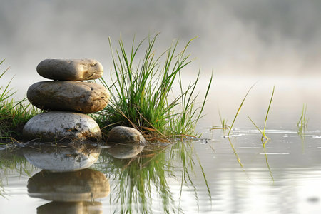 Pile of zen stones in water with grass and fog on backgroundの素材