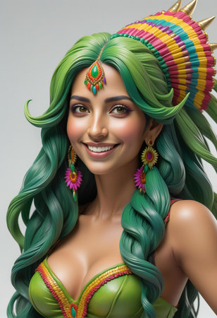 Beautiful girl with green hair and indian headdress on gray backgroundの素材