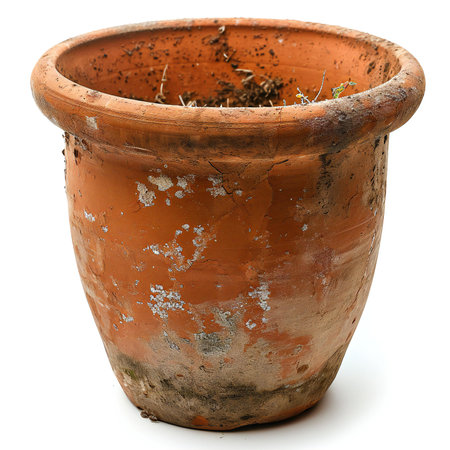 Old clay flowerpot isolated on white background.の素材