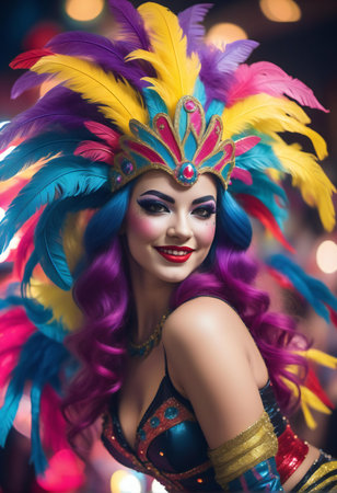 Portrait of beautiful woman in colorful carnival costume with feathers.の素材