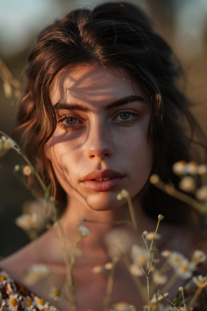 Close-up portrait of beautiful young woman in camomile fieldの素材