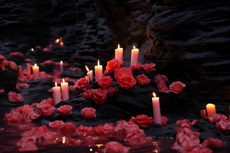Burning candles and rose petals on dark background, closeupの素材