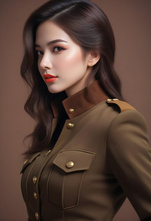 Beautiful asian woman in khaki jacket with red lips.の素材