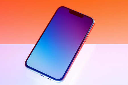 Smartphone with blue screen on colorful background.の素材