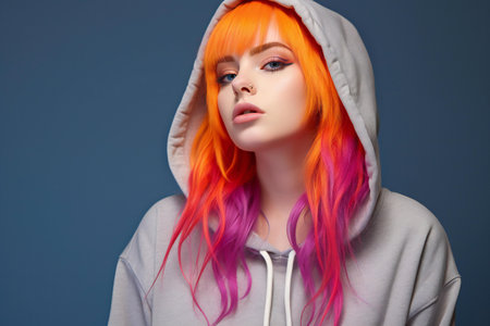 Portrait of a beautiful girl with pink hair in a hood.の素材