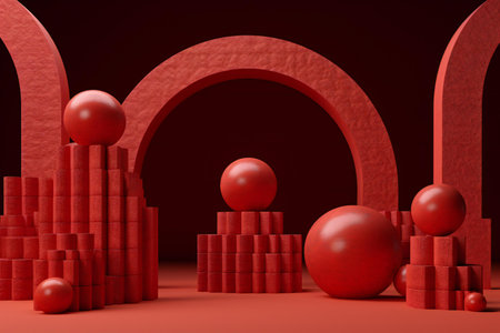 Abstract of minimal geometrical forms. Minimal scene with red balls and arch. Futuristic background.の素材