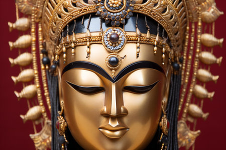 Close-up of golden buddha face on red background.の素材
