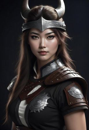 Portrait of a beautiful asian cosplay warrior woman in helmet and armorの素材