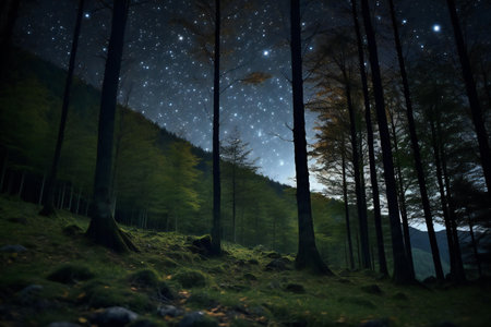 Starry night in the mountain forest. Starry sky and milky way.の素材