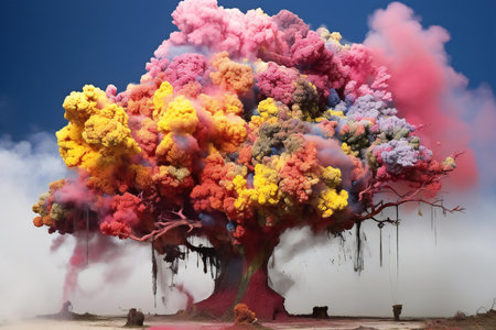 Explosion of colored smoke on a background of blue sky with cloudsの素材