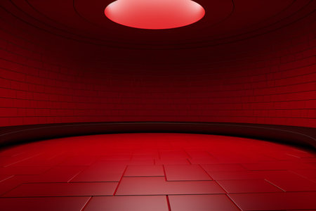 Red room with red floor and red spotlights.の素材