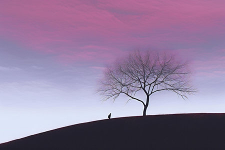 Silhouette of a tree on a hill with a bird in the skyの素材
