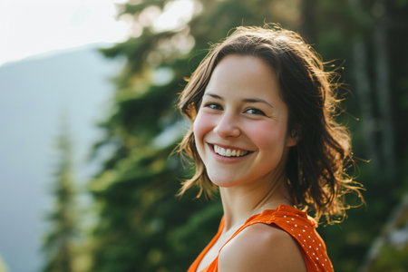 portrait of a beautiful girl in an orange dress in the mountainsの素材