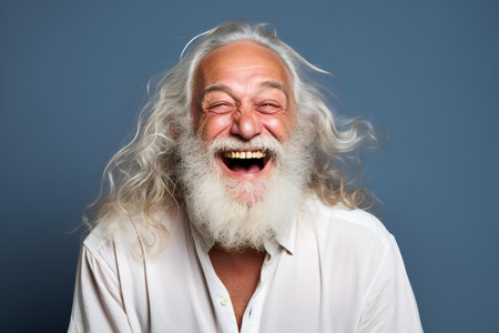 Portrait of a happy senior man with long white beard laughing against blue backgroundの素材