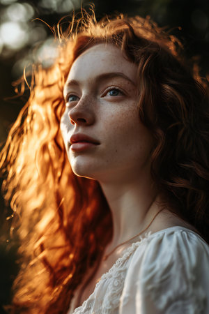 Portrait of a beautiful red-haired girl with freckles on her faceの素材