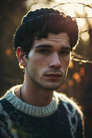 Portrait of a handsome young man in the autumn forest. Fashion shot.の素材