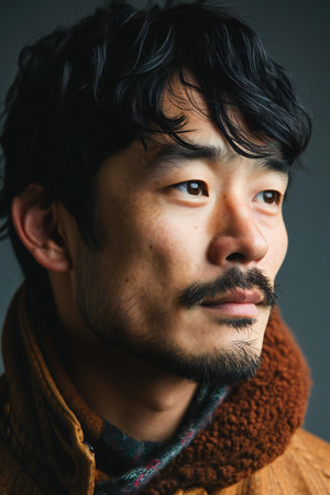 Portrait of a handsome asian man with black hair and beardの素材