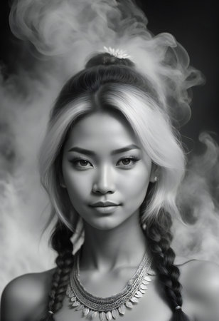 Portrait of beautiful asian woman with smoke in the hair.の素材