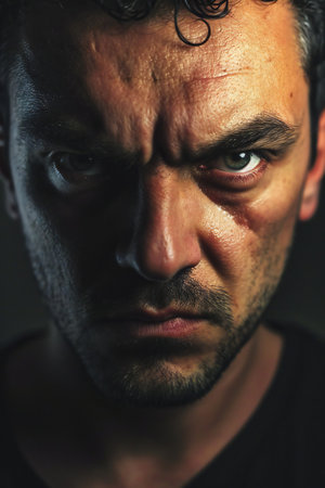 Close-up portrait of a man with a serious expression on his faceの素材
