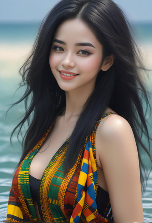 Portrait of a beautiful asian woman in bikini on the beachの素材